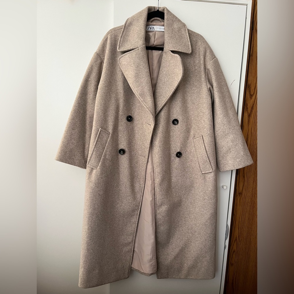 Zara Beige Double-breasted Soft Oversized Coat